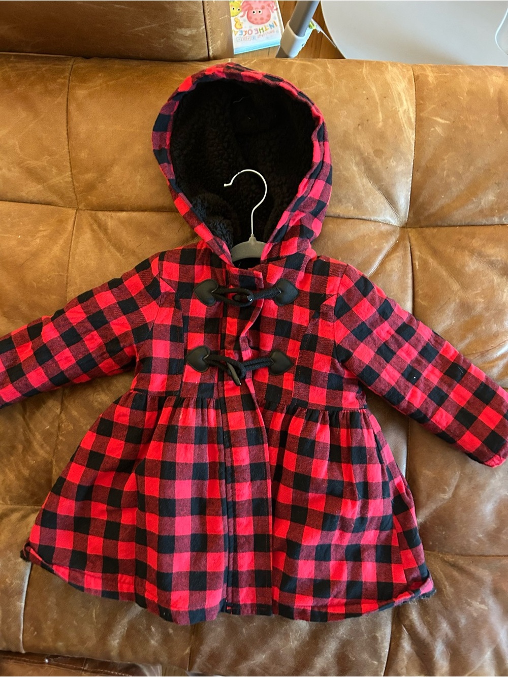 Girls Red & Black Plaid Hooded Coat